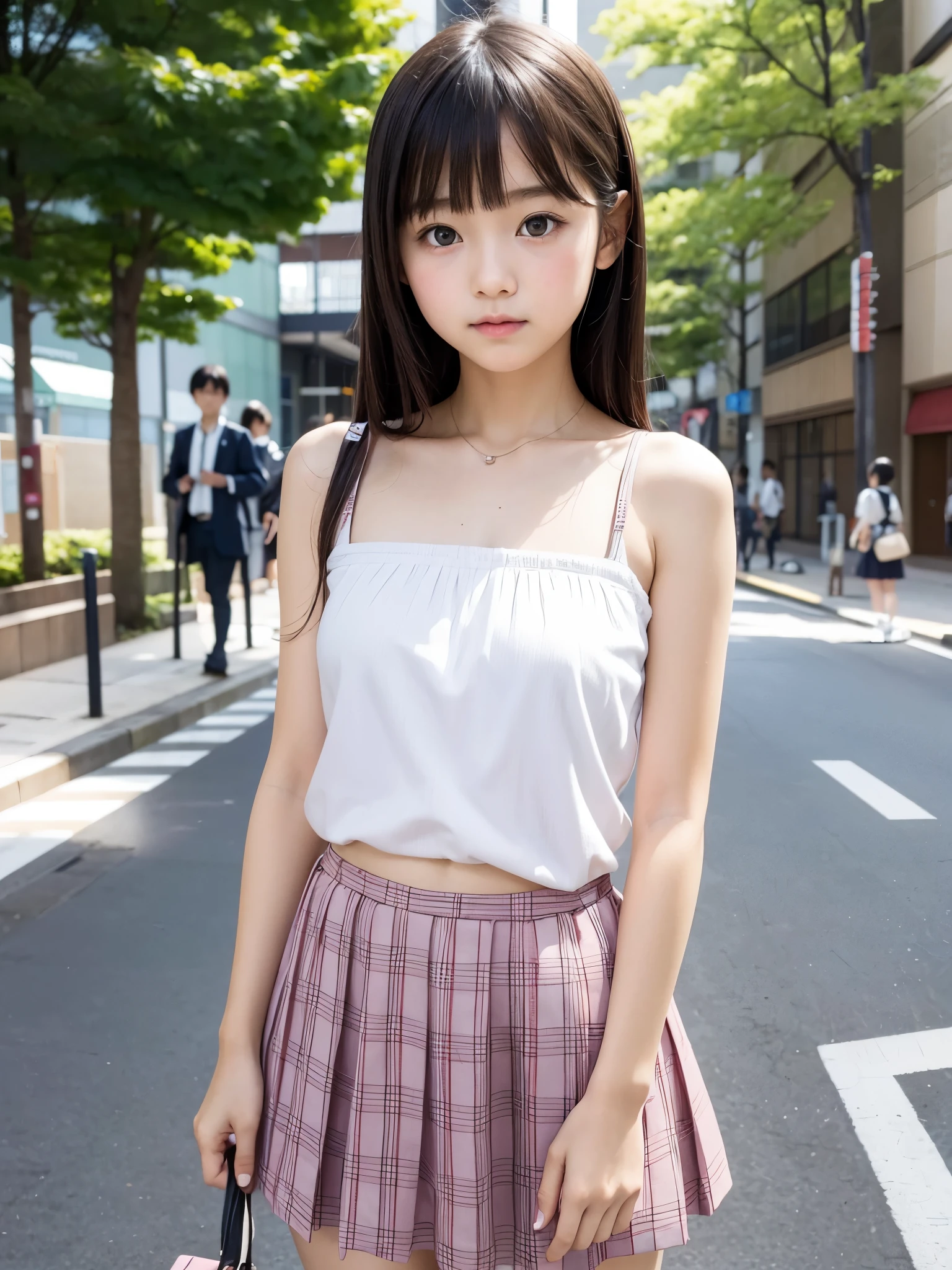 Japanese girl, baby face, thin, ual clothes, bare shoulders, Harajuku