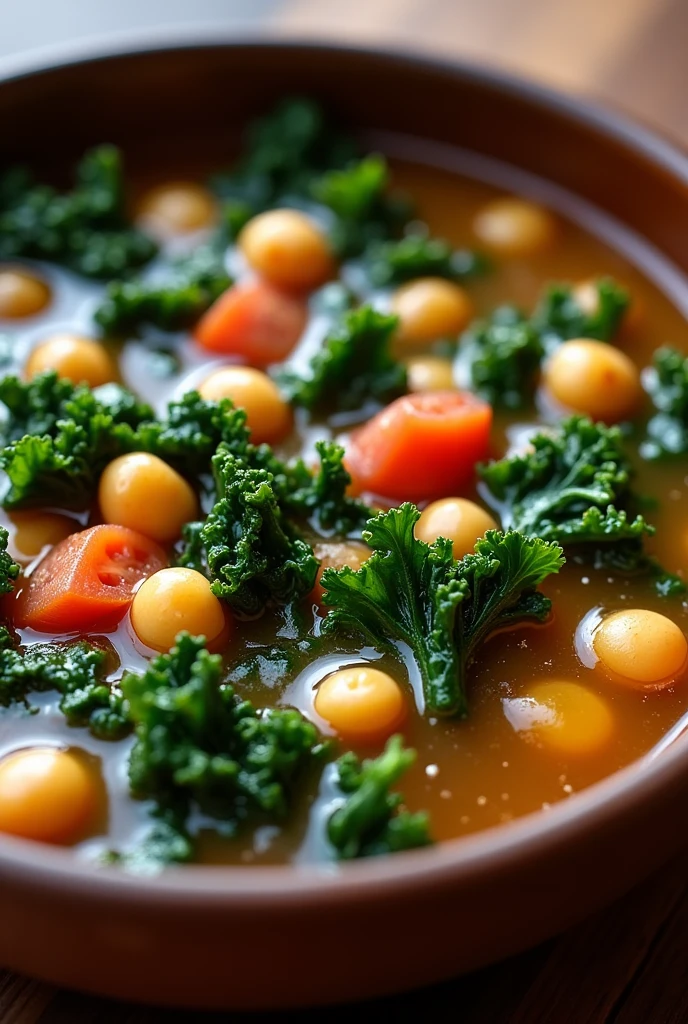 Create an image of this recipe: Kale and Chickpea Soup Ingredients:

- Kale: 200 g - Cooked chickpeas: 150 g - Vegetable broth: 500 ml - Crushed tomato: 200 g - Onion: 50 g - Garlic: 10 g - Olive oil: 15 ml
- Sal: 5 g - Pepper: 2 g Preparation:

1. Wash and cut the kale into strips. Finely chop the onion and garlic.

2. In a large pot, Heat the olive oil and fry the onion and garlic until golden..

3. Add the crushed tomatoes and cook for 5 minutes..

4. Pour in the vegetable broth and bring to a boil.. Reduce heat and simmer for 15 minutes..

5. Add the chickpeas and kale, and cook for an additional 10 minutes.

6. Season with salt and pepper to taste, and serve hot.

