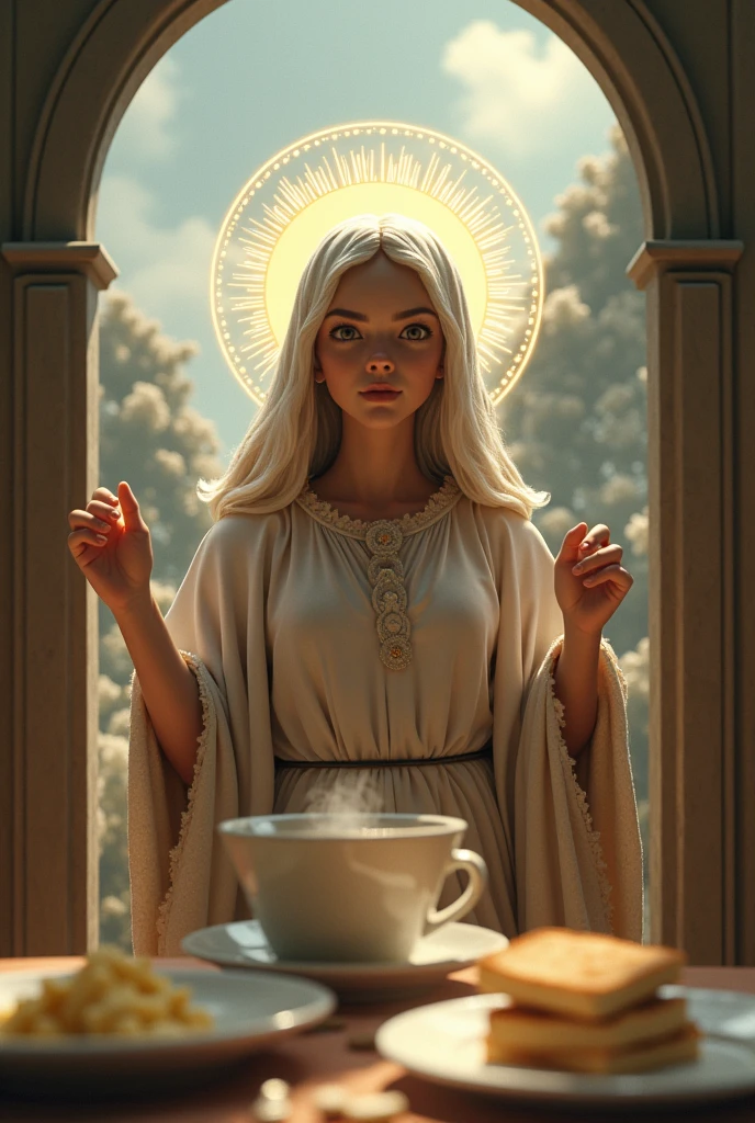 Make a realistic image with the following described:
And the patron saint, knock knock,
I rejoice with the illusion of a great cup of chocolate,
What must pass through my throat with the toast and the cottage cheese?.