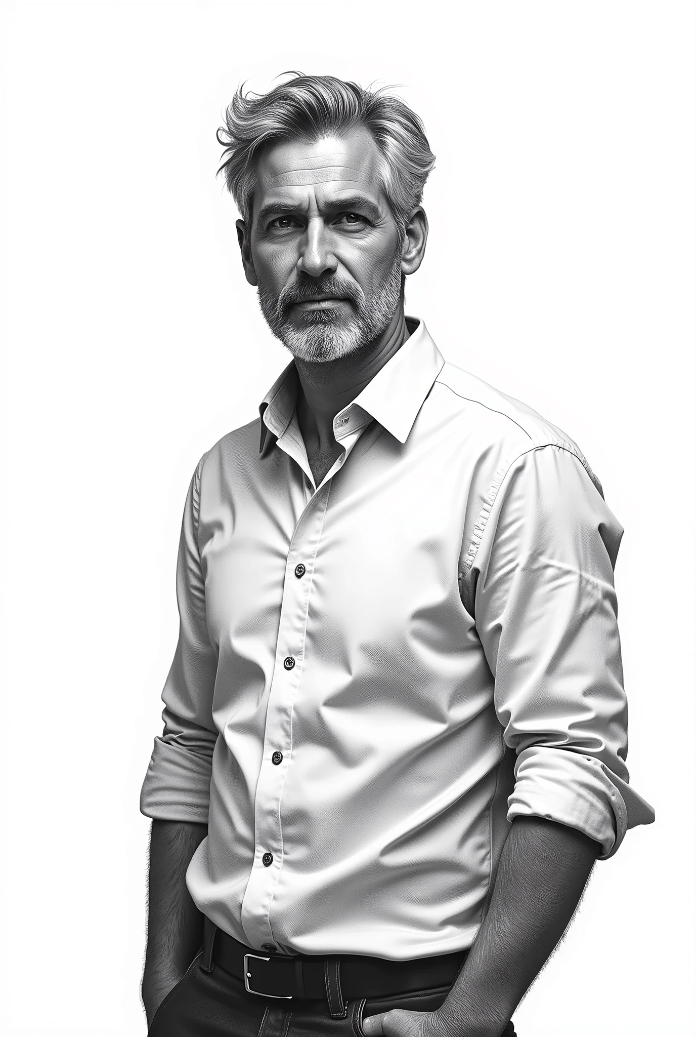black and white drawing, American style: man, AGE: 4 Appearance: Agustín es un man de complexión media, exercised, handsome, with gray hair and a well-groomed beard. He usually dresses casually but professionally., with button-down shirts and casual pants. He has a calm presence and an air of confidence that can sometimes seem intimidating.. Personality: He is meticulous and cautious, with a strong professional ethic. He has a keen sense of justice and a deep understanding of information networks and manipulation.. Despite his ability to remain anonymous on forums, His public life is of interest on social networks. Their partners and friends are “famous” or moderately famous.. Exercise regularly. Similar to Benjamin Vicuña