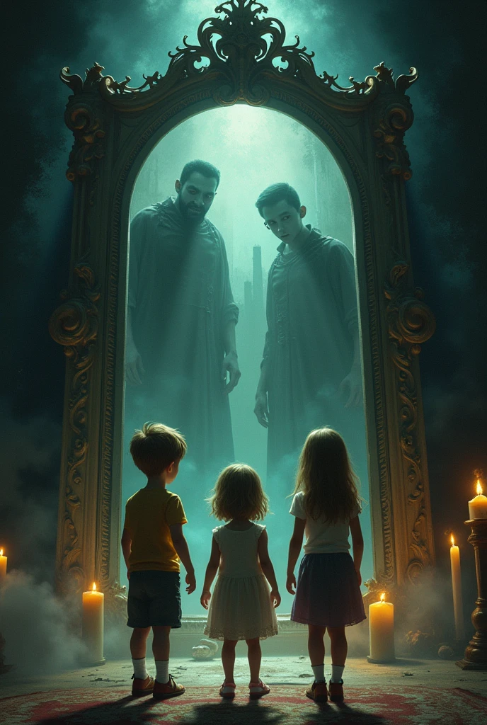 Three children in front of a giant mirror that shows their fears 
