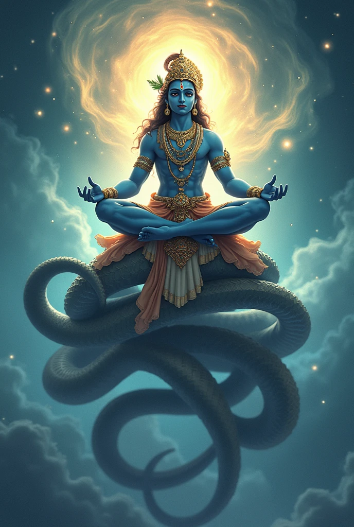 Make a animation of lord Krishna,he was sit in adi Sashu( contain 7 head snake)