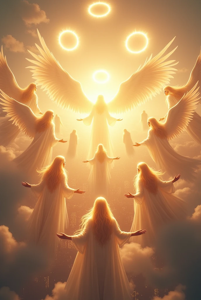 (masterpiece,top quality,high quality)), ((8K wallpaper unified with high definition CG)), (((Thirteen angels appear in the pre-dawn sky))), beautiful blond hair and thin fluttering, (Circle of Angels, angel halo), (rings of light above their heads, large wings of light on their backs:1.3), each of them holding a weapon in her hand and looking down on the city from above, view from below,
