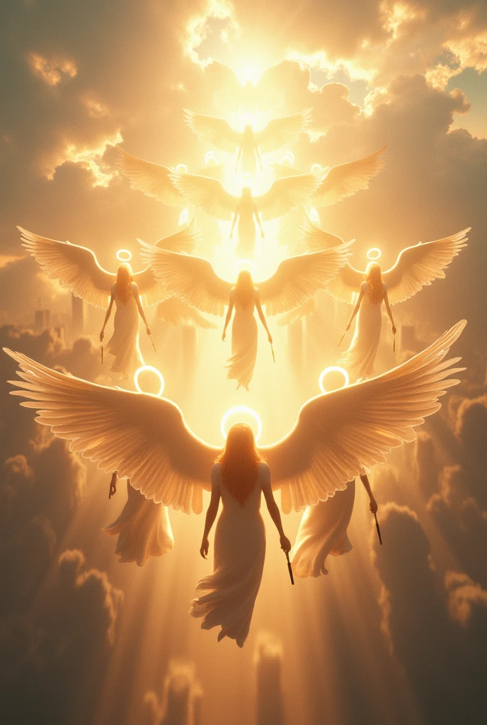 (masterpiece,top quality,high quality)), ((8K wallpaper unified with high definition CG)), (((Thirteen angels appear in the pre-dawn sky))), beautiful blond hair and thin fluttering, (Circle of Angels, angel halo), (rings of light above their heads, large wings of light on their backs:1.3), each of them holding a weapon in her hand and looking down on the city from above, view from below,