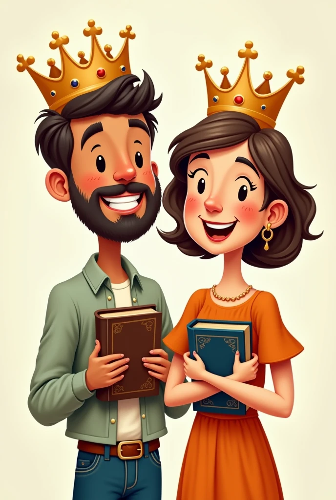 Cartoon man hugging a bible and with a crown on his head and next to him a woman hugging a bible and with a crown on her head.