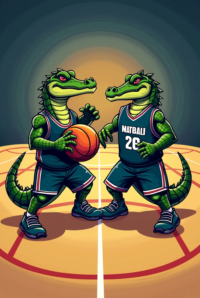 A logo of two crocodiles facing each other in a basketball game with shirts named team habibivenezolano