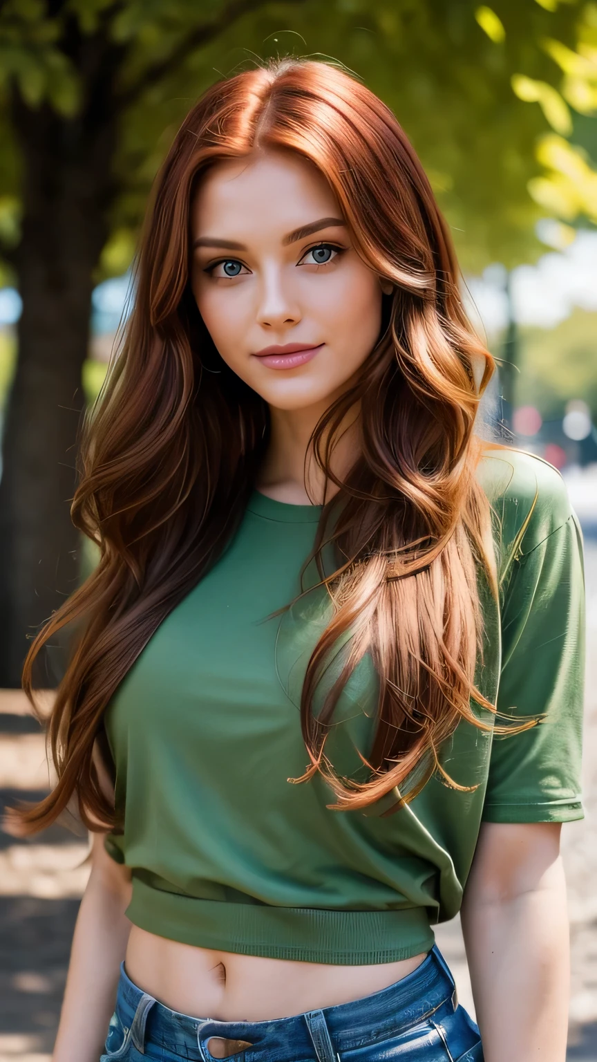 Realistic full body photo of a smiling, Young red-haired girl with long hair, She dances in front of the camera in a green shirt and tight black jeans, Park,glamour fotoshooting, Park, perfect anatomy, perfect green eyes. Perfect hands with 5 fingers on each hand, Matching girl, look into the camera, 1 Frau. (Eye make up:1.1), (highly detailed skin:1.1), spirit, analog style, keen focus, 8K UHD, dslr, good quality, Fujifilm XT3, Grain, Award-winning, masterpiece. Park
