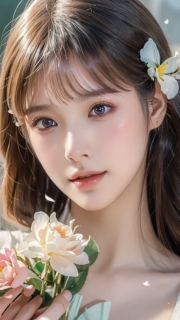 A beautiful young woman, delicate facial features, long eyelashes, full lips, elegant expression, flower petals gently peeling off her face, soft lighting, pastel colors, ethereal atmosphere, detailed skin texture, cinematic composition, highly detailed, photorealistic, 8k, (best quality:1.2), (realistic:1.37), cinematic lighting, masterpiece