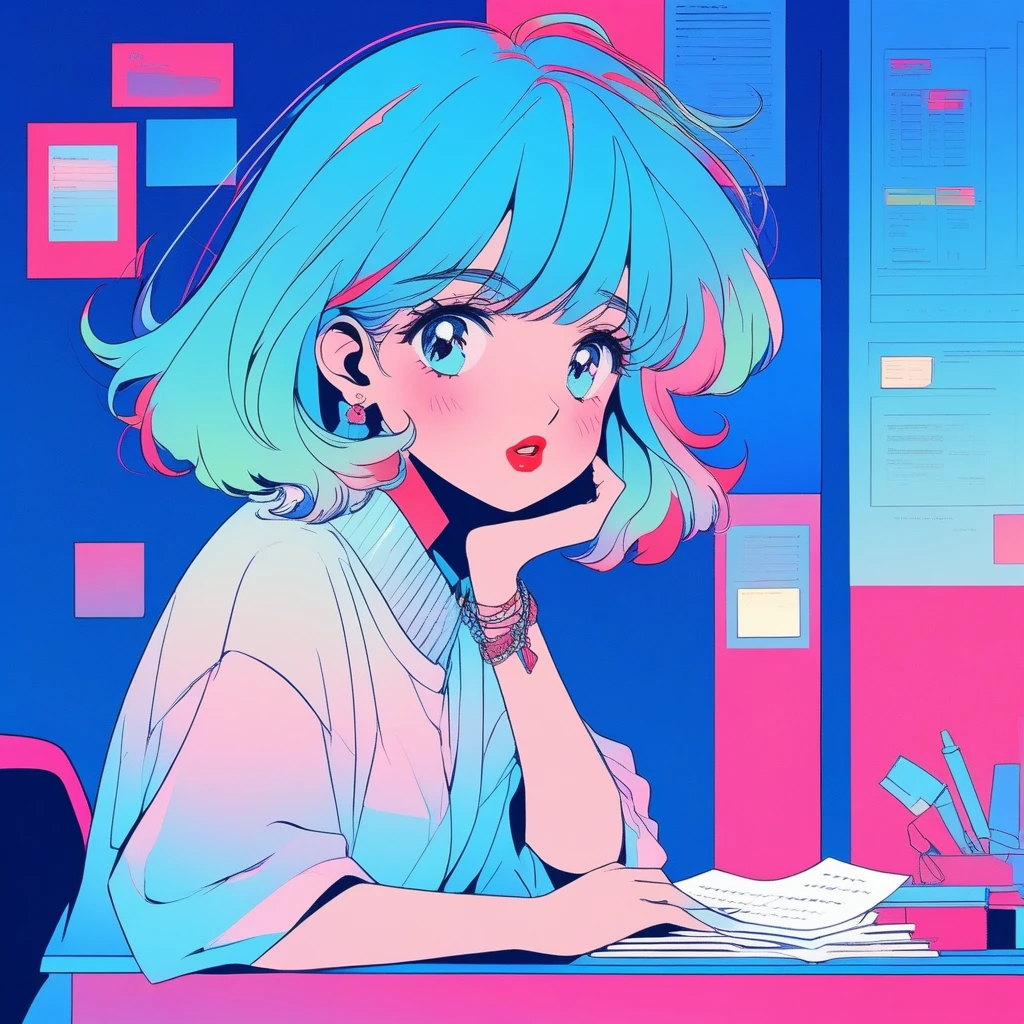 ilustrador, Japanese cartoons , Practical ,sketch , 1 Girl, ,lips, Order, Blue gradient background, Neon hair,Texture cropping, Canada, (On the table,best quality)