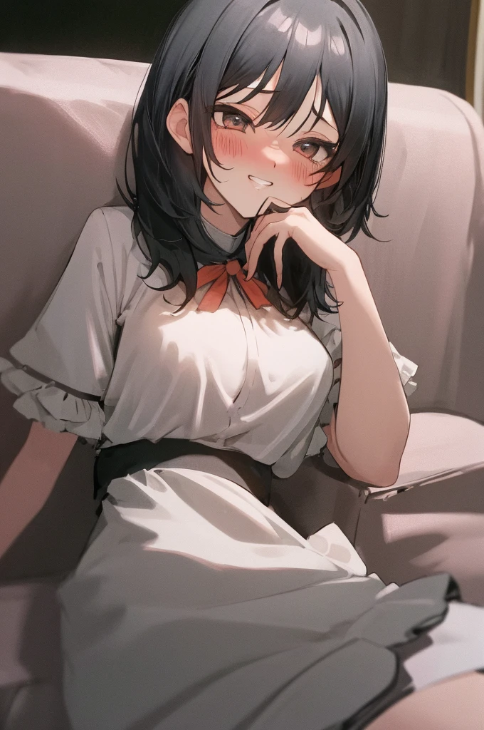 1 girl,{{arima kana,oshi no ko}},futanari,{{{{{{on one's stomach}}}}},pubic hair,nsfw,,shake hips,rub penis on sofa,Motion-blur,{{{from below}}},on sofa,grin,{ahegao},full-face blush, , best quality, amazing quality, very aesthetic, absurdres