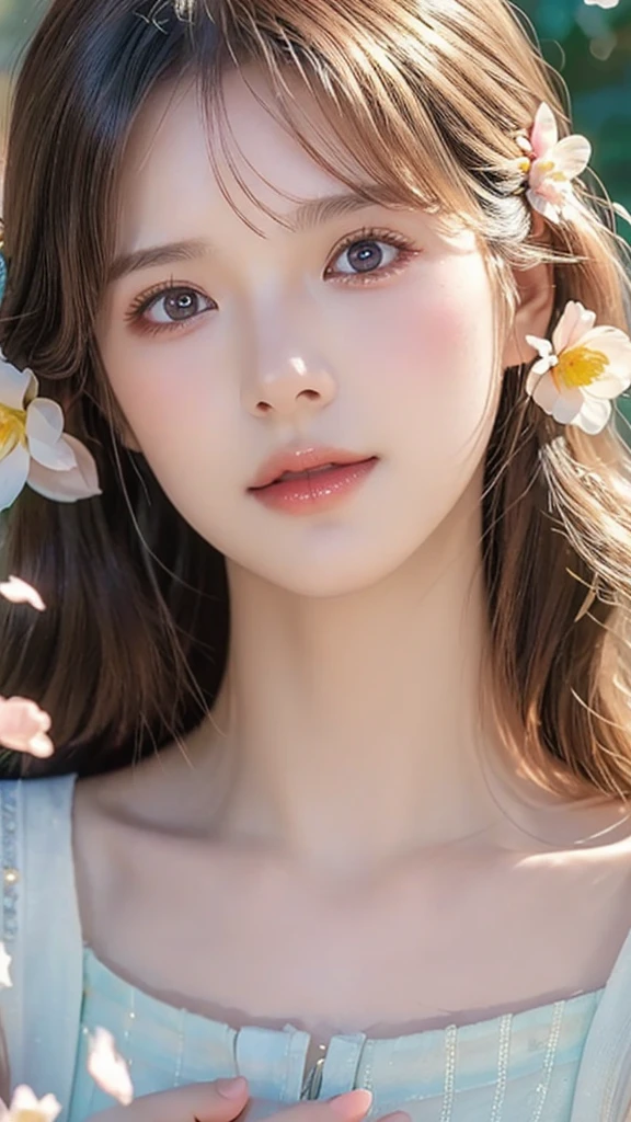 A beautiful young woman, delicate facial features, long eyelashes, full lips, elegant expression, flower petals gently peeling off her face, soft lighting, pastel colors, ethereal atmosphere, detailed skin texture, cinematic composition, highly detailed, photorealistic, 8k, (best quality:1.2), (realistic:1.37), cinematic lighting, masterpiece