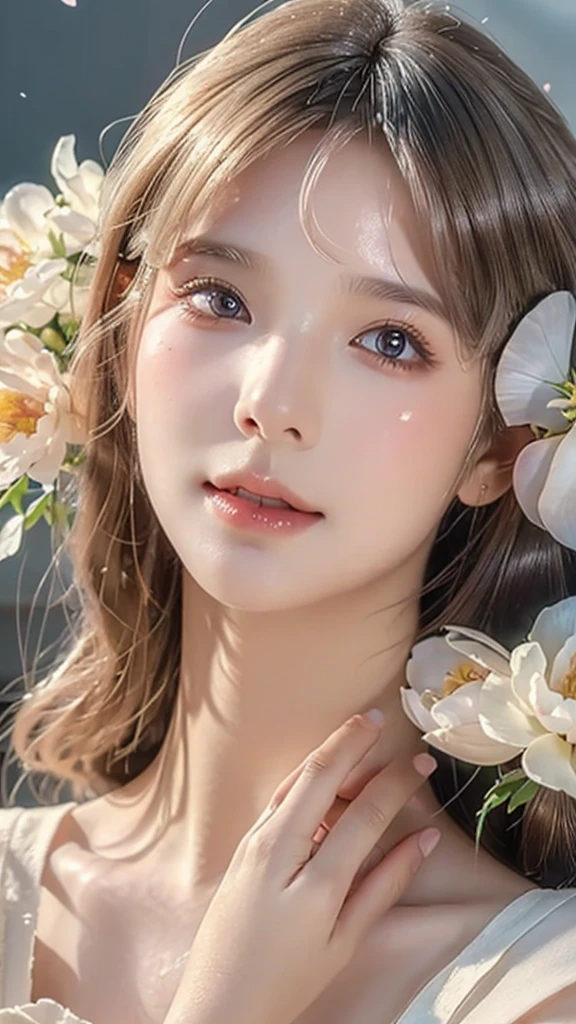 A beautiful young woman, delicate facial features, long eyelashes, full lips, elegant expression, flower petals gently peeling off her face, soft lighting, pastel colors, ethereal atmosphere, detailed skin texture, cinematic composition, highly detailed, photorealistic, 8k, (best quality:1.2), (realistic:1.37), cinematic lighting, masterpiece