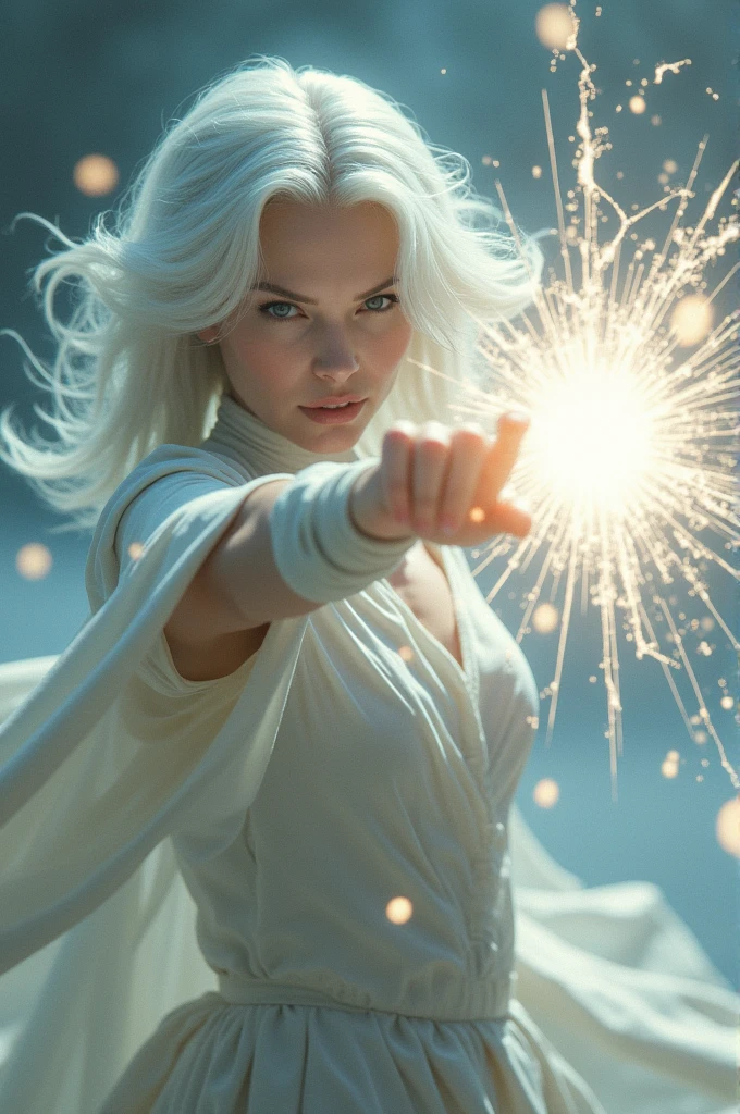 A white-haired woman punches the void of air until the air cracks in her punch. 3d photography hd resolution 
