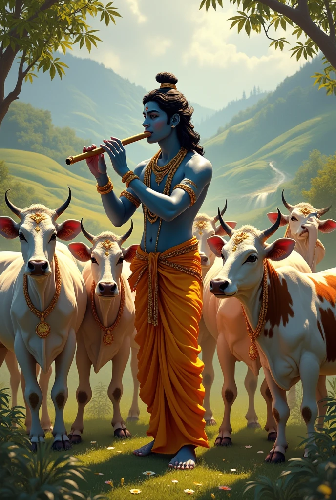 Photo of lord krishna with 7 number of cows and fluting