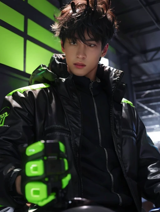 Highest image quality, outstanding details, ultra-high resolution, (realism: 1.4), the best illustration, favor details, highly condensed 1 man, with a delicate face, dressed in a black and green mecha, handsome, holding a directional controller, riding on a motorcycle, the background is a high-tech lighting scene of the future city. （Only boy ,  only male) , ultra photorealistic ,  ultra realism