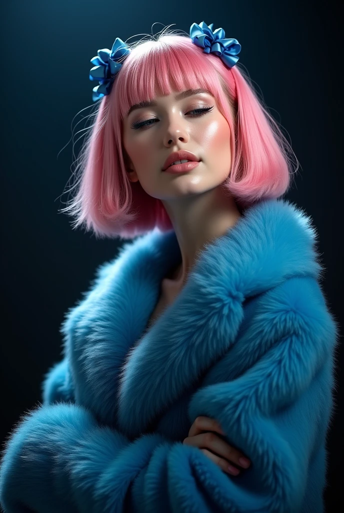 naughty sexy fashion girl, professional, portrait photography, the face looks straight ahead, studio light from above and backlight from behind the head, cute girl (Sharp Focus:1.3), there is a very nice smile on the face, very detailed, beautiful detailed face, pink hair bob hairstyle, there are two small blue bows on her head, eyes closed, as if enjoying the sound, --Detailing, whole body, a lot of femininity, blue fur coat, Tempting, Dazzling, Black background, Backlight, installed behind the model, illuminates the back of the head and creates a frame around the head, highlighting the silhouette of the poser against the background