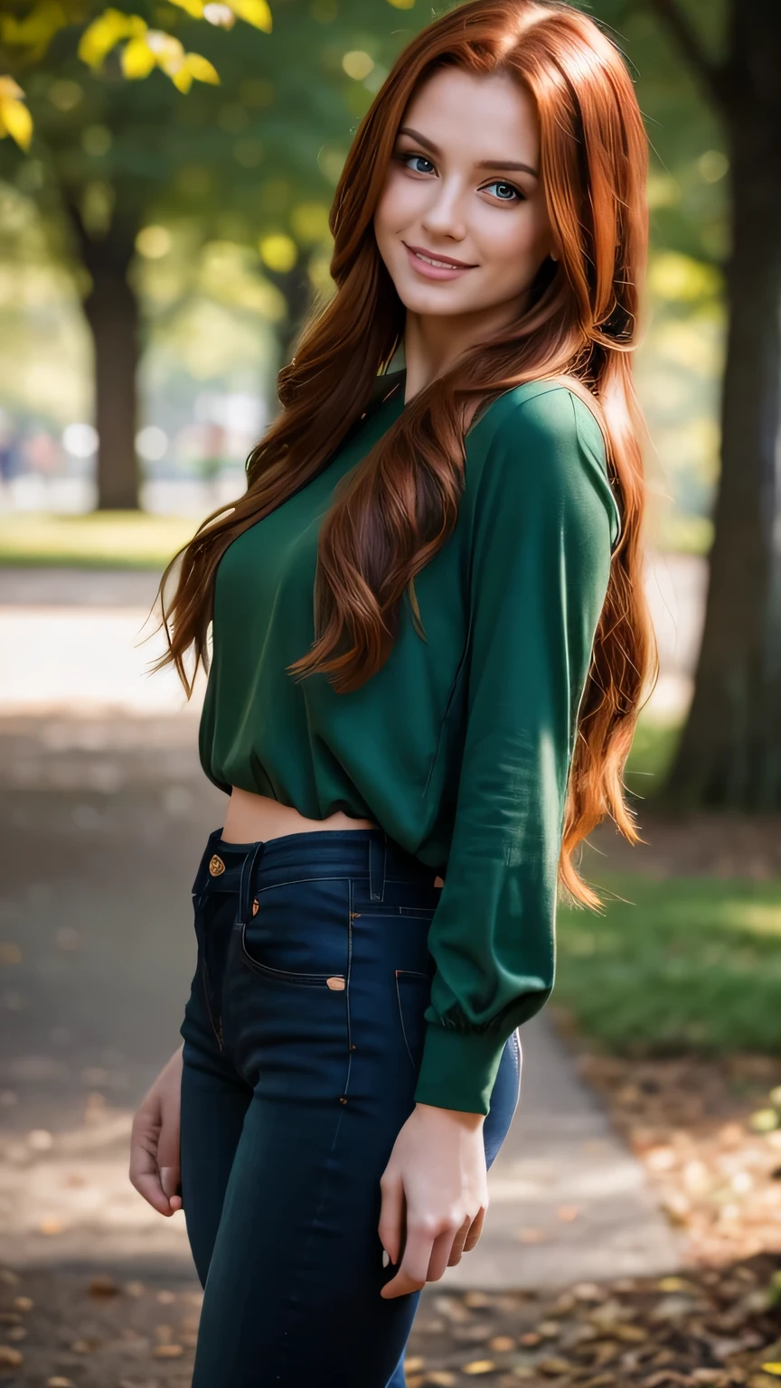 Realistic full body photo of a smiling, Young red-haired girl with long hair, She dances in front of the camera in a green shirt and tight black jeans, Park,glamour fotoshooting, Park, perfect anatomy, perfect green eyes. Perfect hands with 5 fingers on each hand, Matching girl, look into the camera, 1 Frau. (Eye make up:1.1), (highly detailed skin:1.1), spirit, analog style, keen focus, 8K UHD, dslr, good quality, Fujifilm XT3, Grain, Award-winning, masterpiece. Park