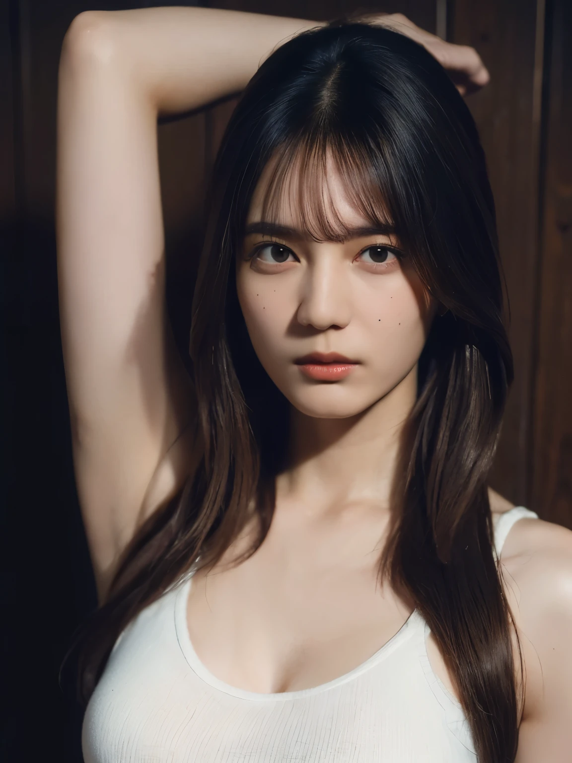 (Highest quality:1.4), (Ultra-high resolution:1.2), (Realistic:1.4), (16K, RAW Photos:1.2),(Portrait Shot:1.3), Beeman Powder, One person, alone, Long Hair, Brown Hair, Upper Body, White and smooth armpits, Raise one arm, Knitted strap tank top,  Large Breasts,