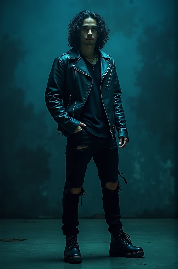 Photography of a 20 year old Asian guy with long curly hair wearing a leather jacket, torn black pants, boots giving off a cool light effect and a scary background