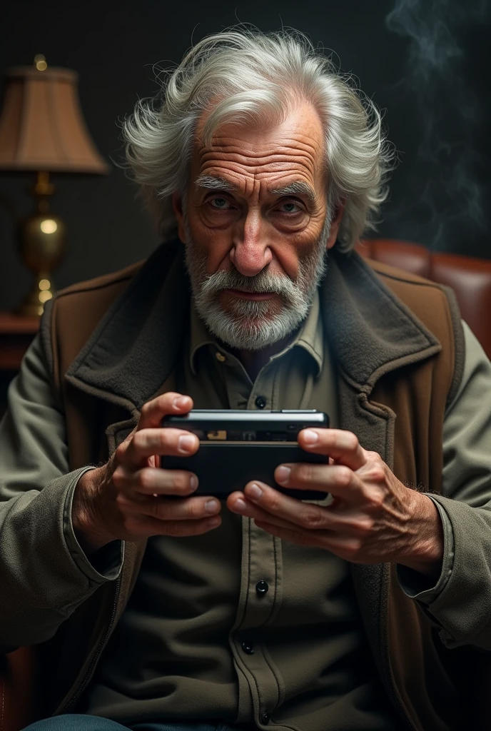 Old man picking up electronic hookah