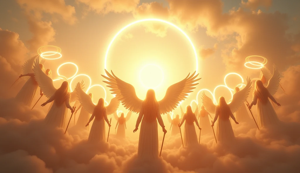 (masterpiece,top quality,high quality)), ((8K wallpaper unified with high definition CG)), (((Thirteen angels appear in the pre-dawn sky))), beautiful blond hair and thin robes fluttering, (Circle of Angels, angel halo), (rings of light above their heads, large wings of light on their backs:1.3), each of them holding a weapon in her hand and looking down on the city from above, view from below,