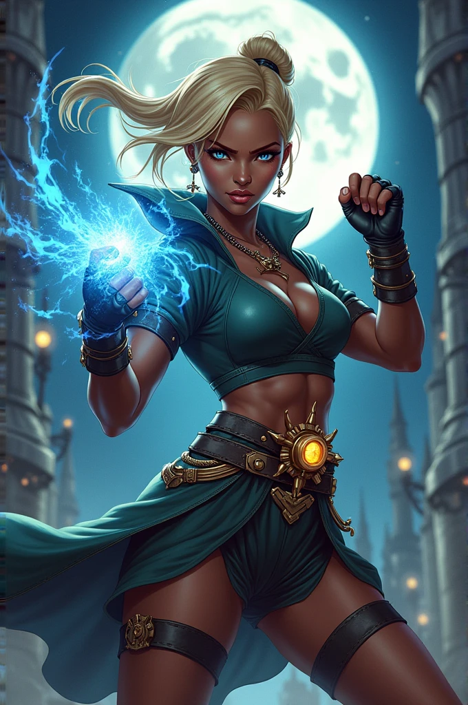 Imagine a black woman, appearing full body, with short medium blonde hair tied up, similar to Mel Medarda from Arcane, arcane vesture, doing a boxing fighter pose with magic, in a medieval fantasy setting with the full moon in the background, in steampunk style anime drawing