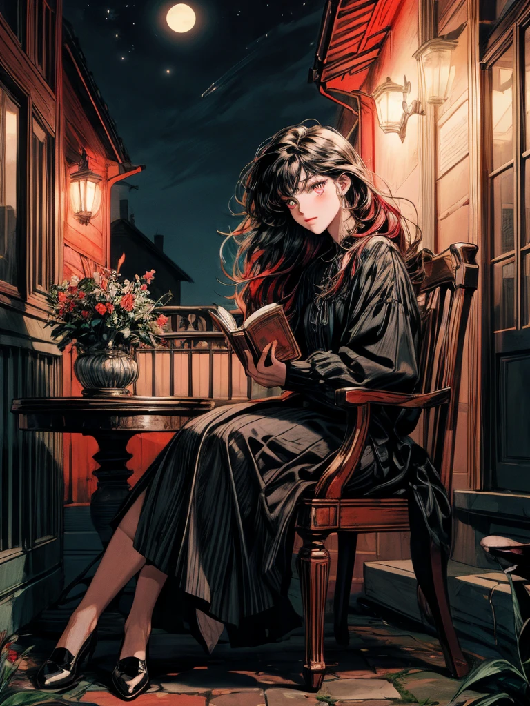 beautiful woman, (((full body))), ((background outdoor house)), (best quality), 1girl, solo A room with glass windows, curtains, a young woman with long black hair, red hair , White eyes with red pupils stare at the book., sitting on a chair, She is sitting and reading a book in front of the house., There are flowers, flower pots, a table, a wine glass, a wine bottle, a lamp, a black cat, Outside the window, there is a dark sky and stars.