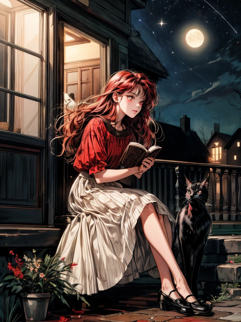 beautiful woman, (((full body))), ((background outdoor house)), (best quality), 1girl, solo A room with glass windows, curtains, a young woman with long black hair, red hair , White eyes with red pupils stare at the book., sitting on a chair, She is sitting and reading a book in front of the house., There are flowers, flower pots, a table, a wine glass, a wine bottle, a lamp, a black cat, Outside the window, there is a dark sky and stars.