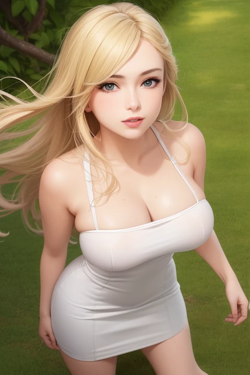 ((Best Quality)), ((masterpiece)), (Very detailed), 1 girl, with a white tight dress, miniskirt, neckline, big breasts,blonde, looking at the viewer, ((Whole body)),((front view)),((view from above))