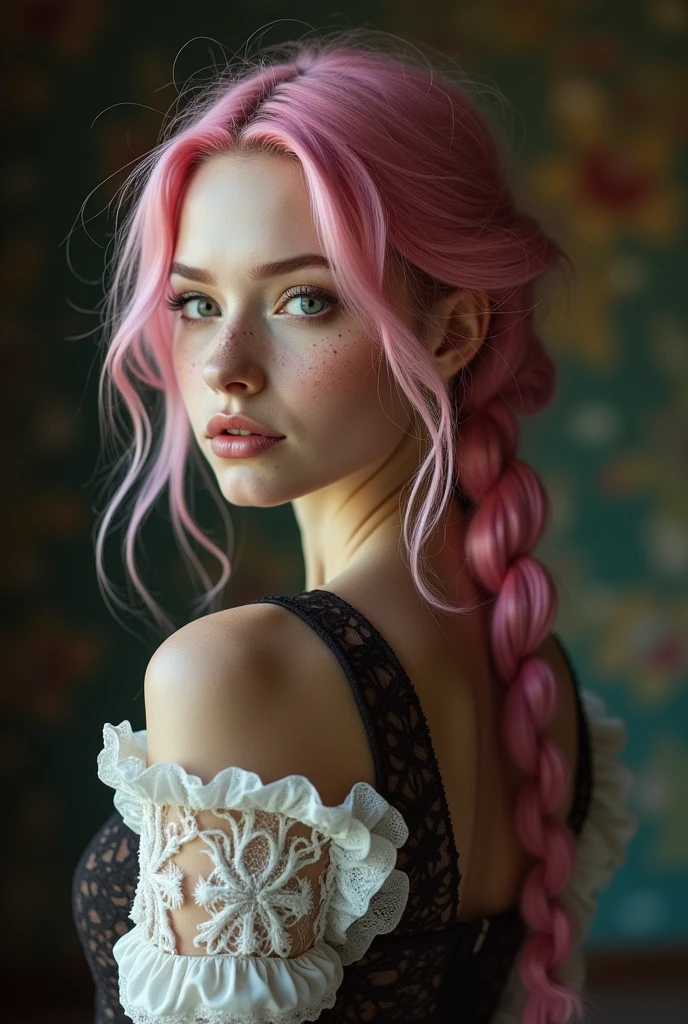 (Realisttic:1.2), analog photo style, Beautiful young woman, posing, with freckles and long pink hair braided, (steampunk dark fantasy atmosphere), soft natural light, cute and sexy, great quality, Masterpiece, detailed strange background, better performance, 16k quality, RAW photo