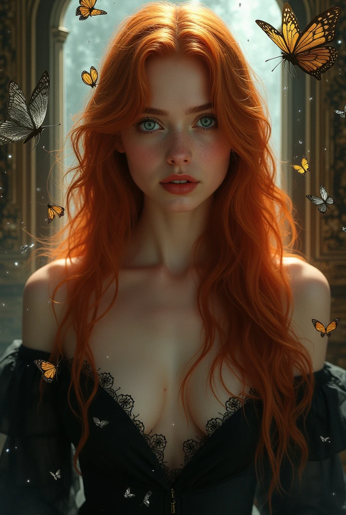 (solo, full body photo:1.3), (action packed:1.3), (haze, fog, mist:1.3), chiaroscuro, best quality, photorealistic, 1woman, (cute), (24yo:1.2), redhead, long ginger hair highly detailed, 1700'S, digital photography, art by artgerm and ruan jia and greg rutkowski surreal painting gold butterfly filigree, broken glass, (masterpiece, sidelighting, finely detailed Fashionable eyes: 1.2) (perfect oval large eyes that gazes at the viewer), beautiful detailed face, blue gorgeous perfect eyes, (blonde hair ponytail), (attractive young woman:1.3), (thick amazing hair), (seductive:1.1), (blushing:1.1)