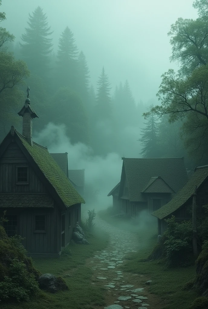 Ancient village in thick fog in the forest