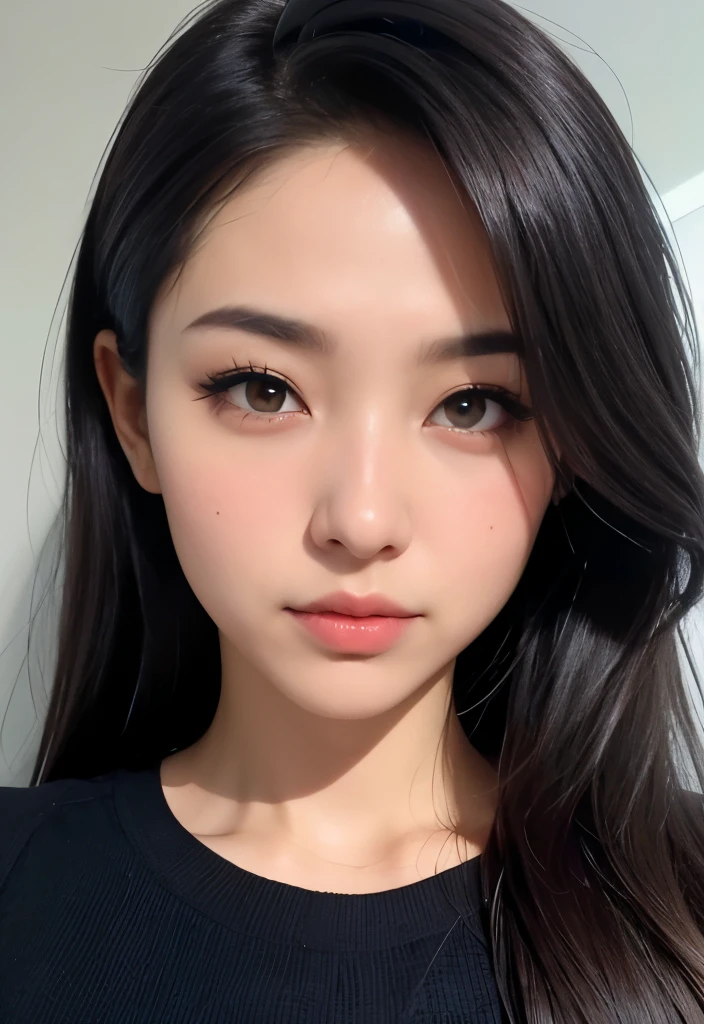 Passport picture, facing front, sensual face, looking forward, maintains eye contact with the viewer, smooth  perfect skin, dark eyeliner,  full face visible, High quality, portrait,  passport style picture, official photograph,