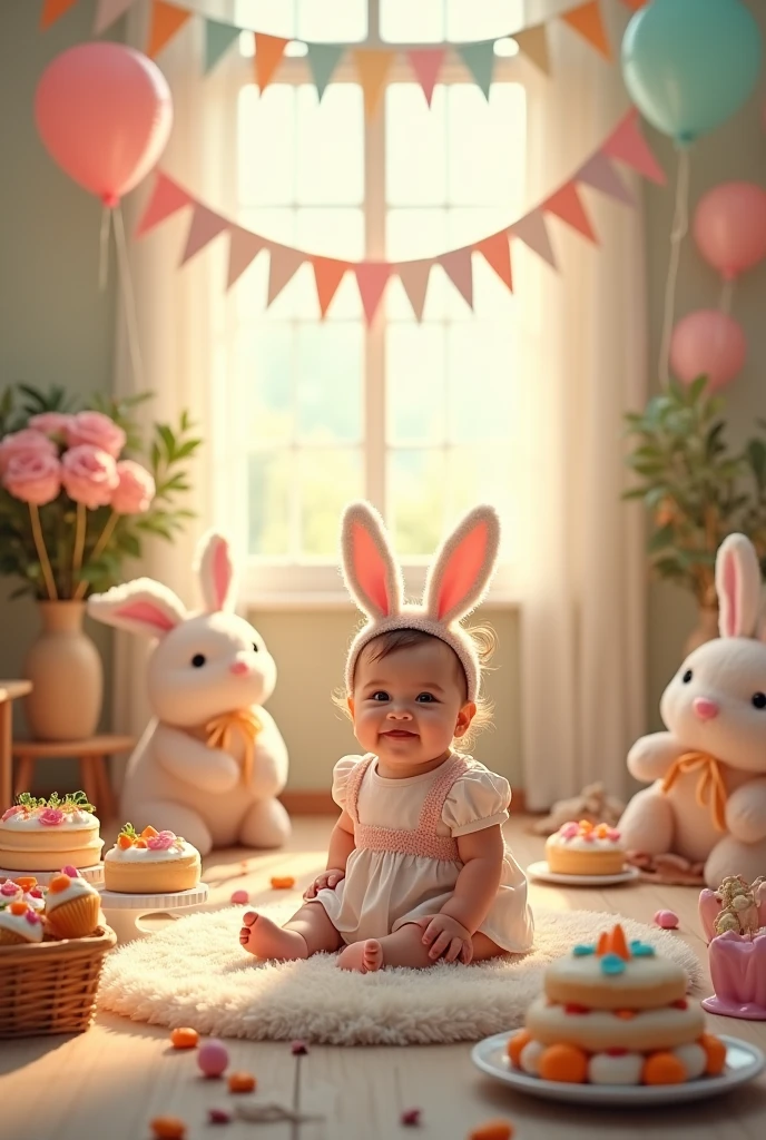 Cute bunny themed one  birthday party 
