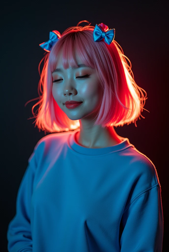 naughty sexy fashion girl, professional, portrait photography, the face looks straight ahead, studio light from above and backlight from behind the head, cute girl (Sharp Focus:1.3), there is a very nice smile on the face, very detailed, beautiful detailed face, pink hair bob hairstyle, there are two small blue bows on her head, eyes closed, as if enjoying the sound, --Detailing, whole body, a lot of femininity, blue sweatshirt, Tempting, Dazzling, Black background, Backlight, installed behind the model, illuminates the back of the head and creates a frame around the head, highlighting the silhouette of the poser against the background