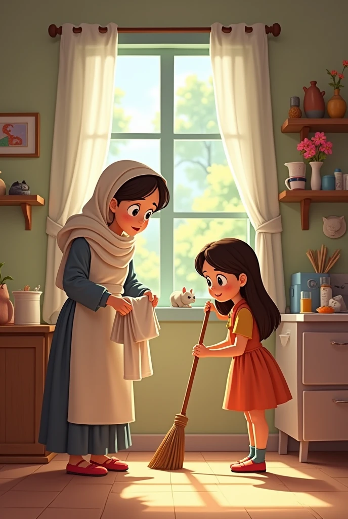 Islamic girl helping her mother to clean the house