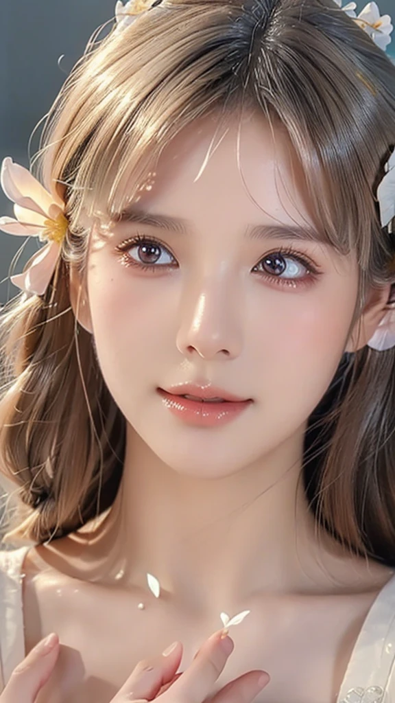 A beautiful young woman, delicate facial features, long eyelashes, full lips, elegant expression, flower petals gently peeling off her face, soft lighting, pastel colors, ethereal atmosphere, detailed skin texture, cinematic composition, highly detailed, photorealistic, 8k, (best quality:1.2), (realistic:1.37), cinematic lighting, masterpiece