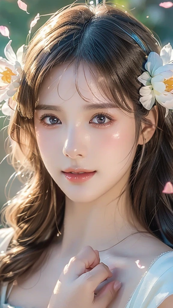 A beautiful young woman, delicate facial features, long eyelashes, full lips, elegant expression, flower petals gently peeling off her face, soft lighting, pastel colors, ethereal atmosphere, detailed skin texture, cinematic composition, highly detailed, photorealistic, 8k, (best quality:1.2), (realistic:1.37), cinematic lighting, masterpiece