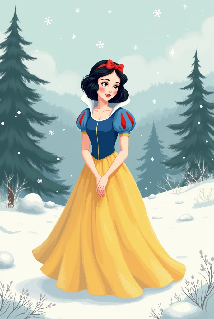 Create Snow White enjoying a landscape with her original dress, Now create the image but with drawing style 