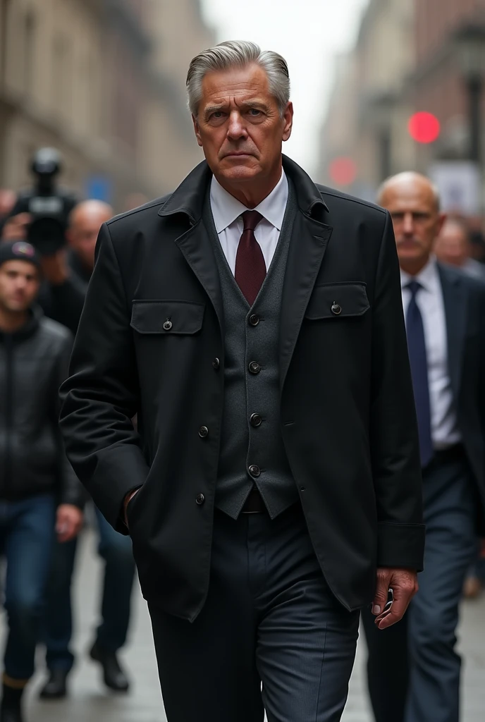 Escort walking behind the famous man prepared for anything with a bulletproof vest