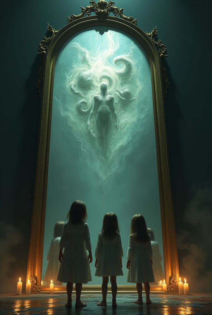 Three children in front of a giant mirror that shows their fears and anxieties from this one