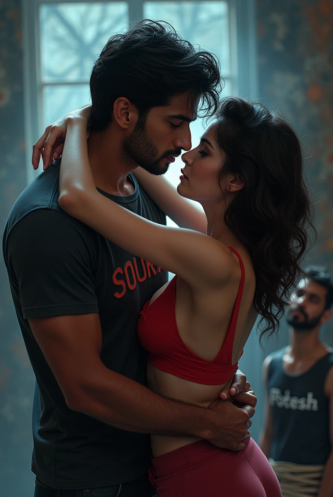 A Bengali man with shirt with the text soura and a girl making out infront of a cuck with the hands tied and has a text poatesh on his shirt