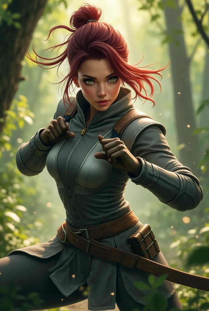 Woman with dark red hair, green eyes with yellow, wearing gray fighting gear, in fighting stance in a forest

