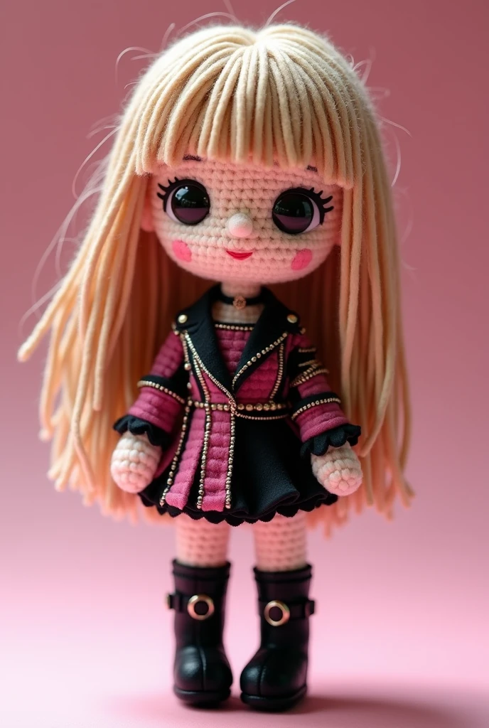 An amigurumi , chibi-style,  Lisa from Blackpink, with her signature light brown-blonde hair styled in her iconic straight cut with blunt bangs, flowing down to her waist. She’s wearing a stylish black and pink dress with a mix of edgy and cute elements—st. She stands confidently with her arms by her sides, wearing knee-high black boots, capturing her charismatic stage presence.