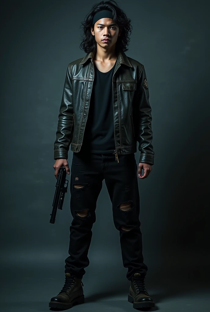 Photography of a 20 year old Asian guy with long curly hair wearing a leather jacket, torn black pants, boots, a headband, holding a gun with a cool light effect and a scary background