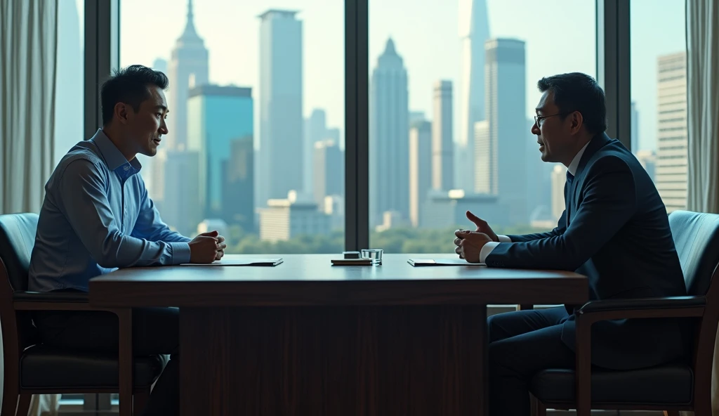 (photorealism:1.2),
* **Characters:** CEO Changpeng Zhao (CZ)
* **Description:** sitting at his desk, Talking to a journalist
* **outfit:** Formal shirt and pants
* **place:** executive office
* **Action in the background:** Windows with views of the city
* **type of plan:** Medium shot
* **style:** hyper-realistic, photo realistic, cinematography ar—9:16
