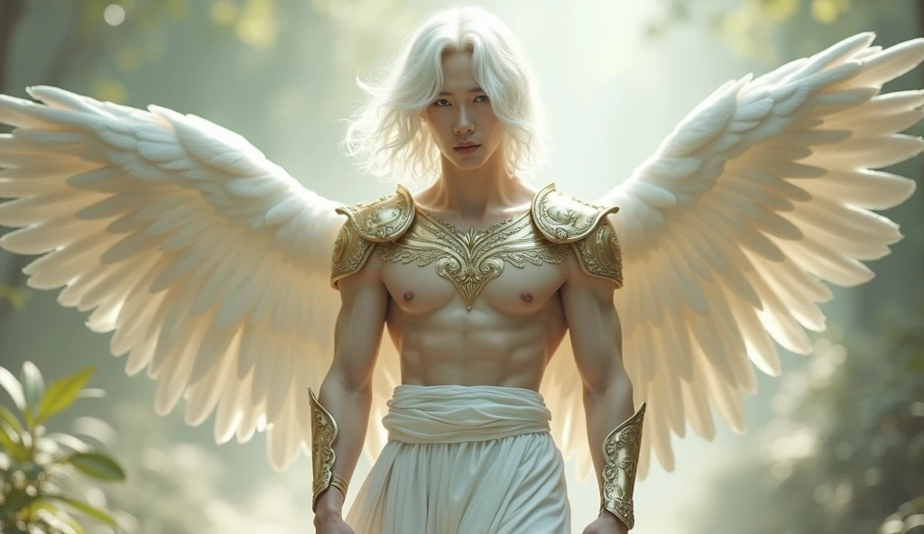 A gentle, white-winged male Asian feature albino angel (simple design) - Soft colors, with a subtle glow, white wavy 12" hair, white skin, purpled color eyes, most handsome masculine male angel, 11'0" tall, white and gold large wings, built-in gold armor on chest and arms, large muscular biceps, large thighs, chiseled ads, define jawline, pearl white lower garment, 32K UHD, masterpiece, best quality, style raw, walking through an enchanted garden of Eden. - Ethereal background, with a subtle texture, naked chest, lined with gold, Large white and Gold wings.