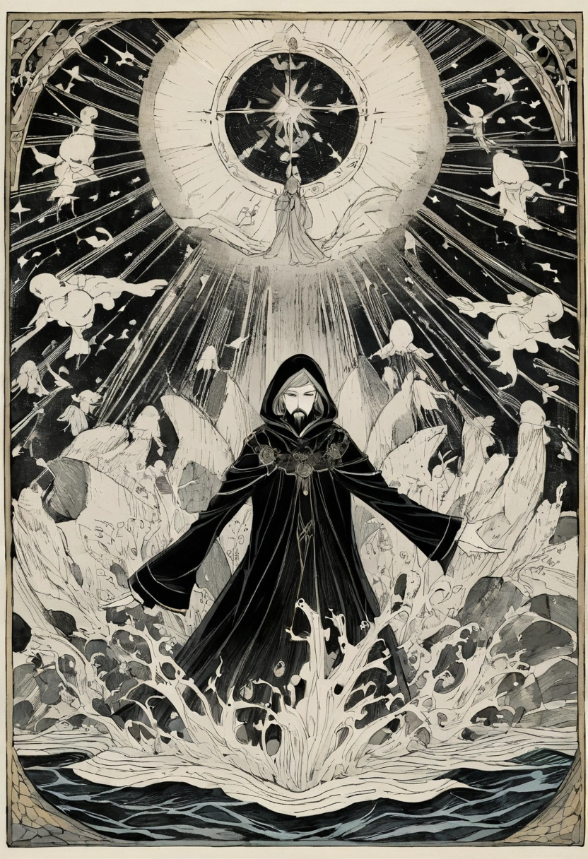 Black and white ink drawing in the style of Harry Clarke, Full body man with fine facial features, detailed long wavy black hair black beard and prominent detailed artwork, Standing on a pointed rock sticking out of the water in a river, looking at the water ., open arms open hands dressed in black robe with detailed and fine symbolic drawings, and long hood In the water four fish splash around the rock, Some come out of the water, others enter splashing
