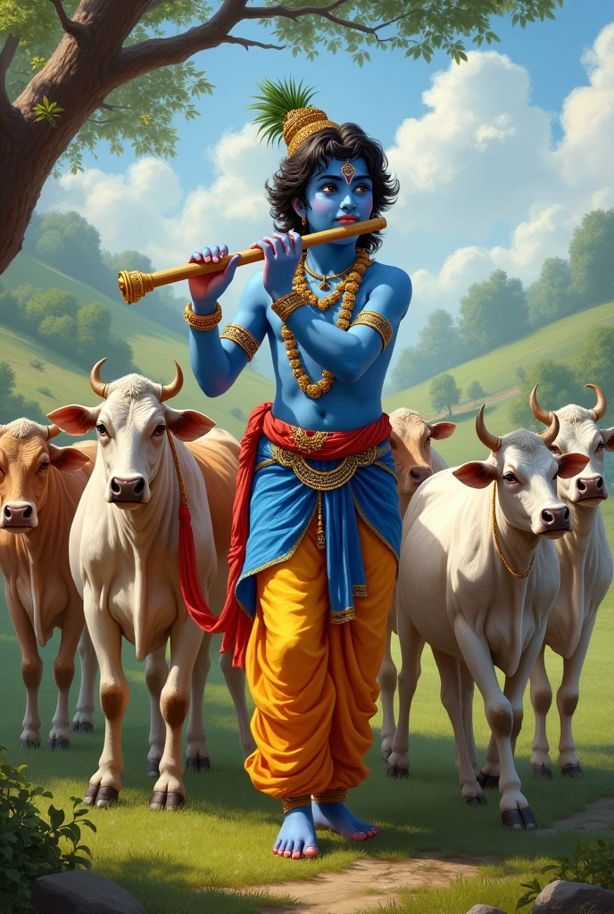 Photo of lord krishna with seven number of cows and fluting