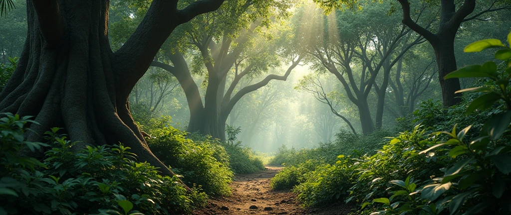 photorealistic 8k, hyper detailed, a lush african forest with no people, dense foliage, towering trees, sunlight filtering through leaves, ancient twisted roots, mysterious shadows, vibrant colors, dynamic lighting, realistic textures, intricate details, cinematic composition, awe-inspiring natural beauty, serene atmosphere, sense of wonder, enchanting landscape